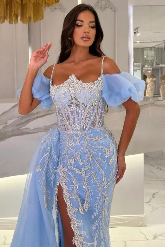 Robe trapèze à paillettes scintillantes : épaules dénudées, fente latérale, longue robe de bal et de soirée