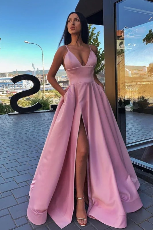 Robe de bal rose élégante à bretelles spaghetti et décolleté en cœur avec fente haute