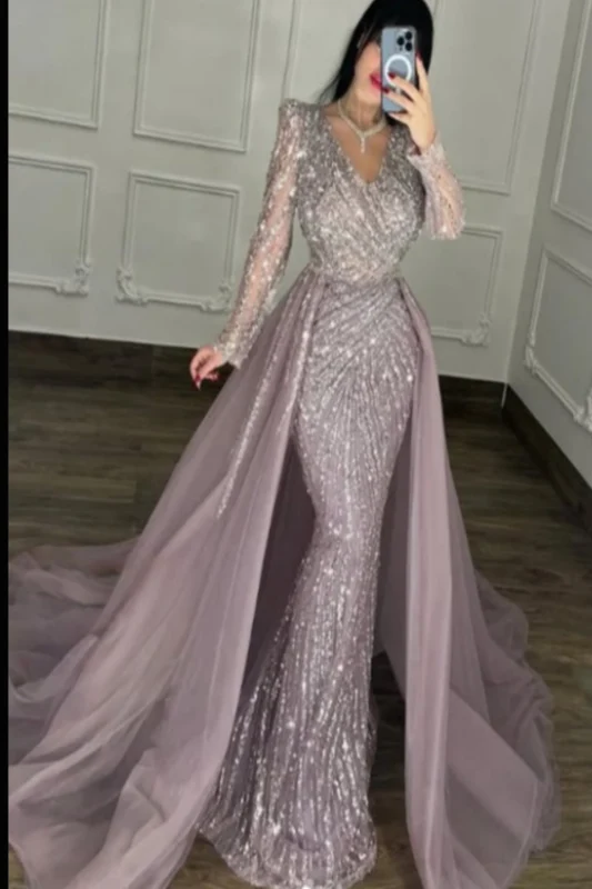 Robe de bal sirène élégante à col en V, manches longues scintillantes et perles