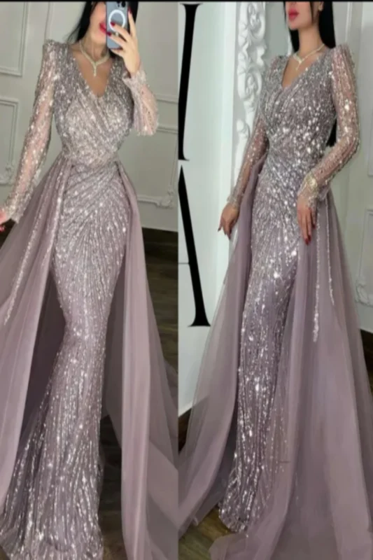 Robe de bal sirène élégante à col en V, manches longues scintillantes et perles