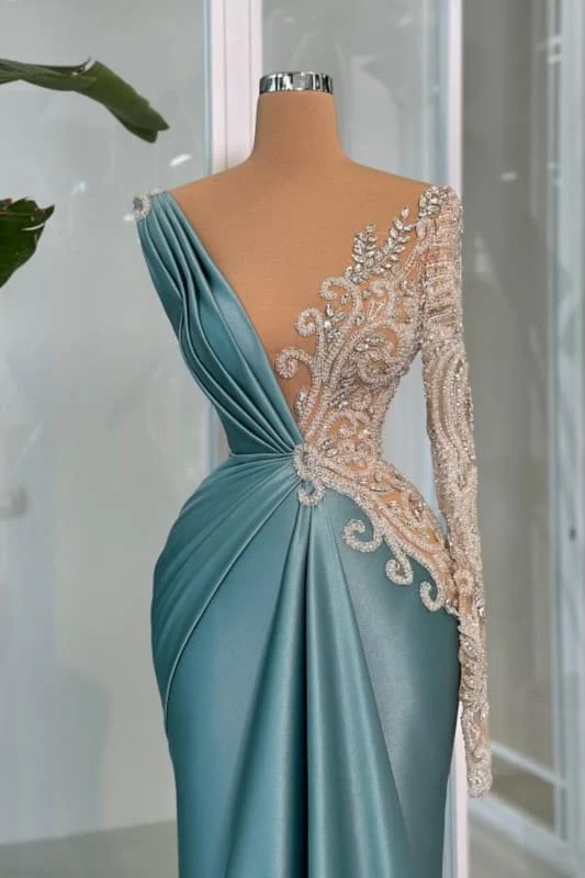 Robe de bal élégante en satin et dentelle à une épaule et décolleté en V profond pour femme