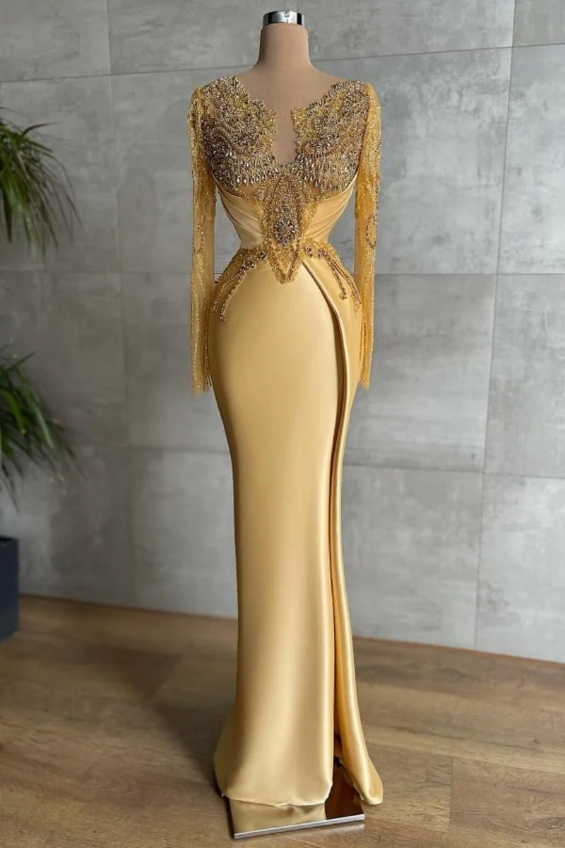 Robe de bal sirène en satin à col en V et manches longues, avec appliques perlées et dentelle