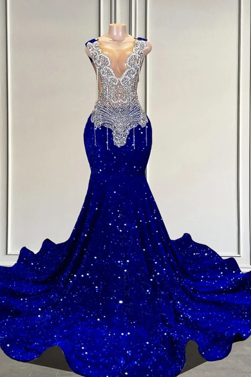 Robe de bal sirène de luxe bleu royal à paillettes et cristaux brillants pour le bal