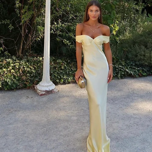 Robe de soirée longue en satin jaune, élégante, style sirène, épaules dénudées