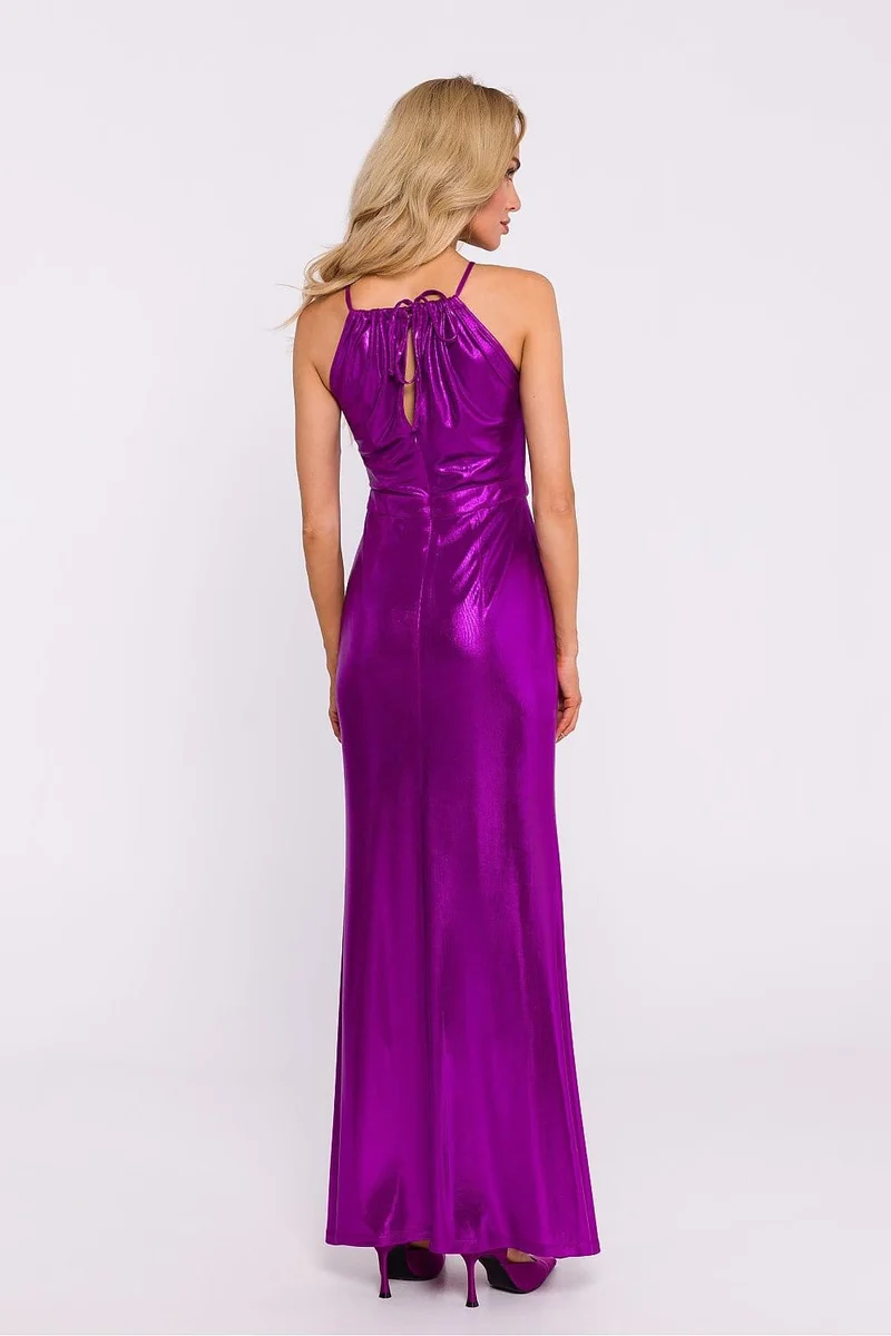 Robe longue fendue métalissée