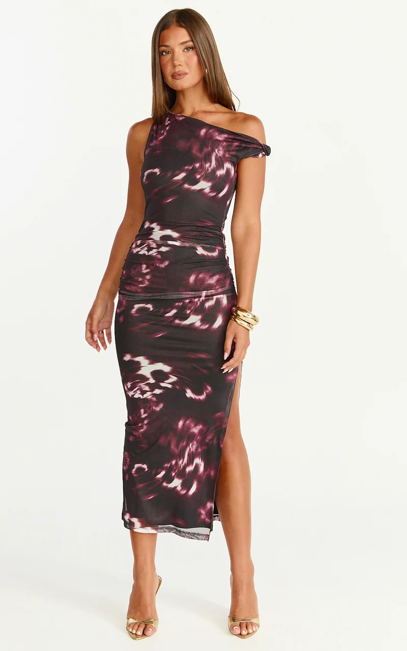 Nenita Midi Dress - One Shoulder Mesh Dress in Botanical Haze
