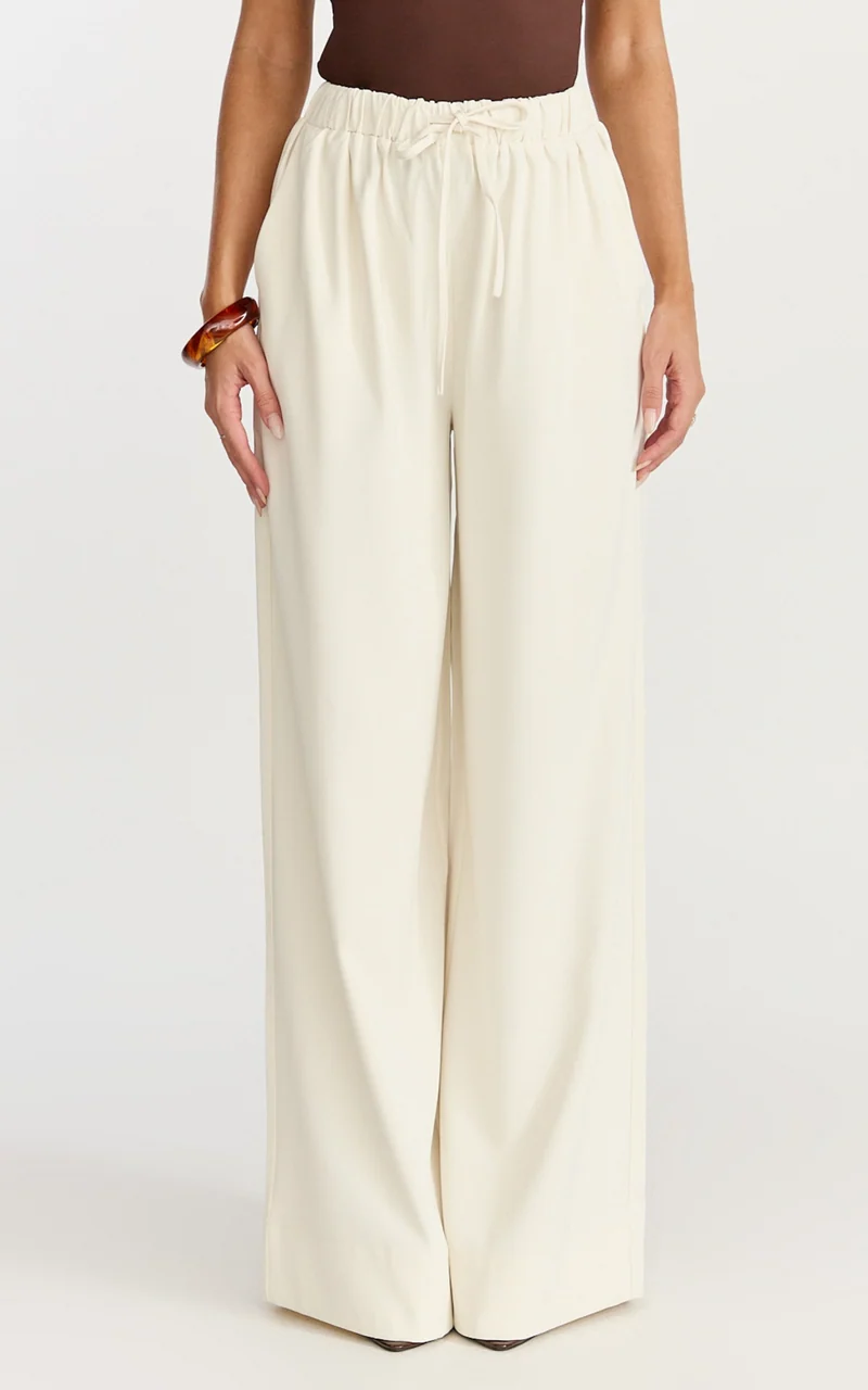 Nicole Pants - High Waist Elasticated Gathered Waist Wide Leg Pants in Cream