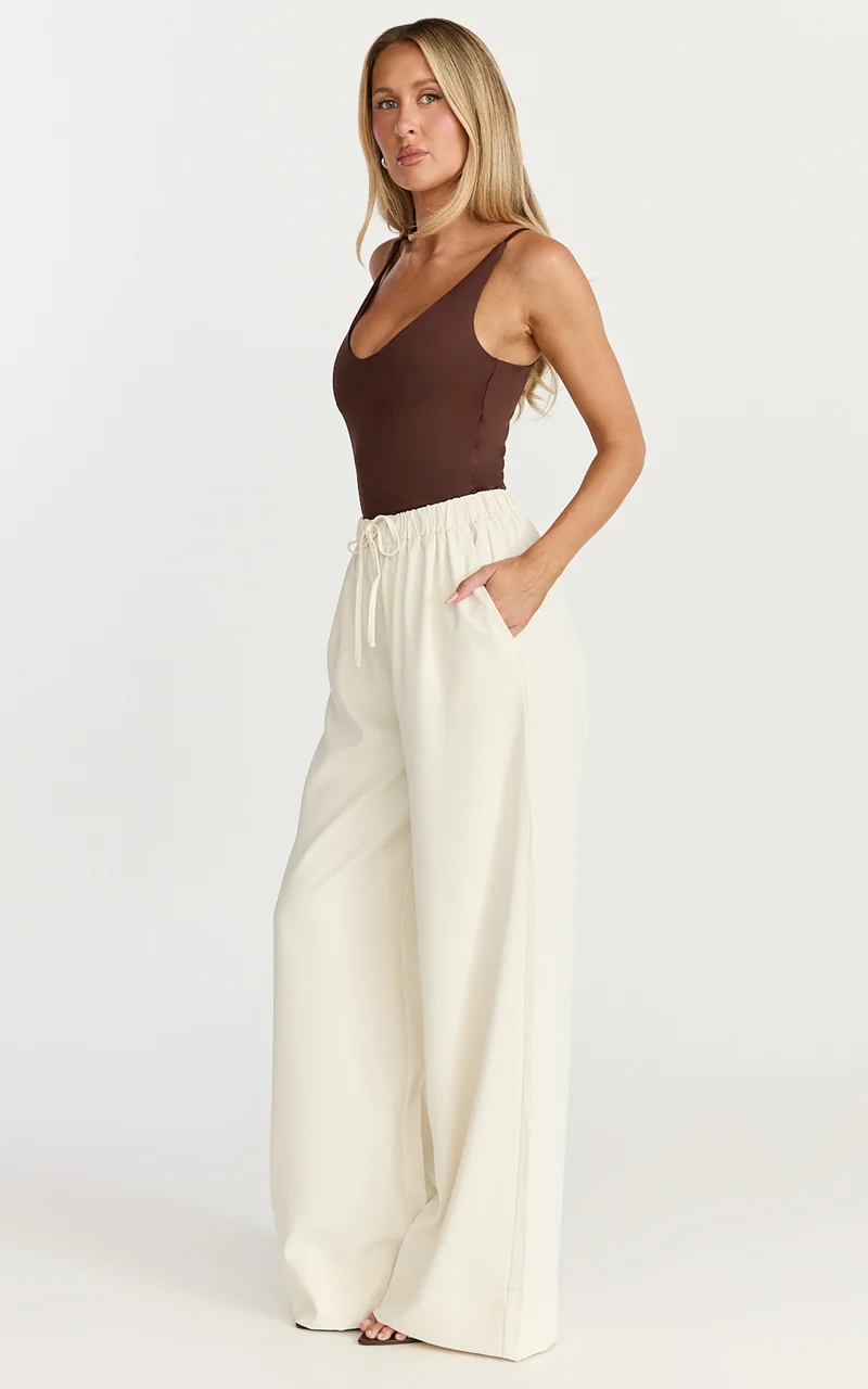 Nicole Pants - High Waist Elasticated Gathered Waist Wide Leg Pants in Cream