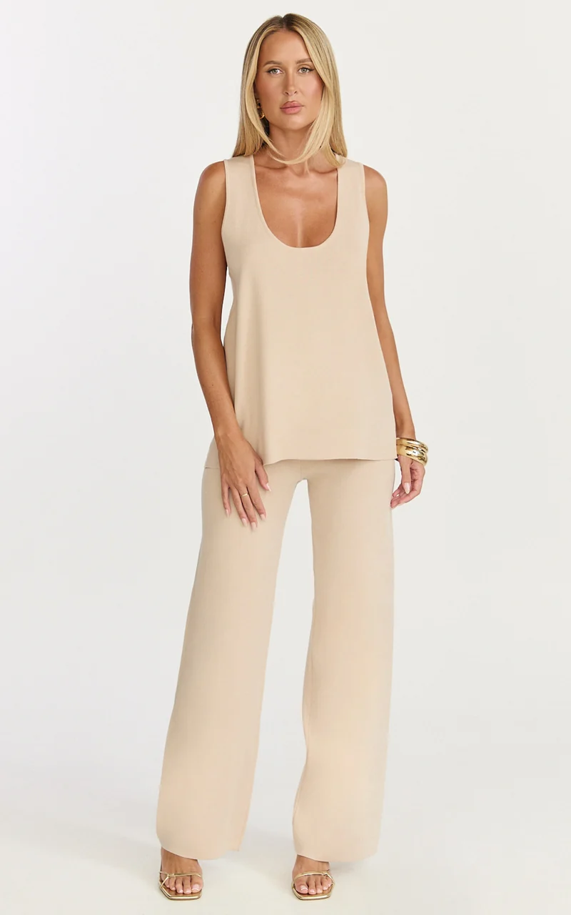 Leonie Two Piece Set - Knit Shell Top and Pant Set in Cream