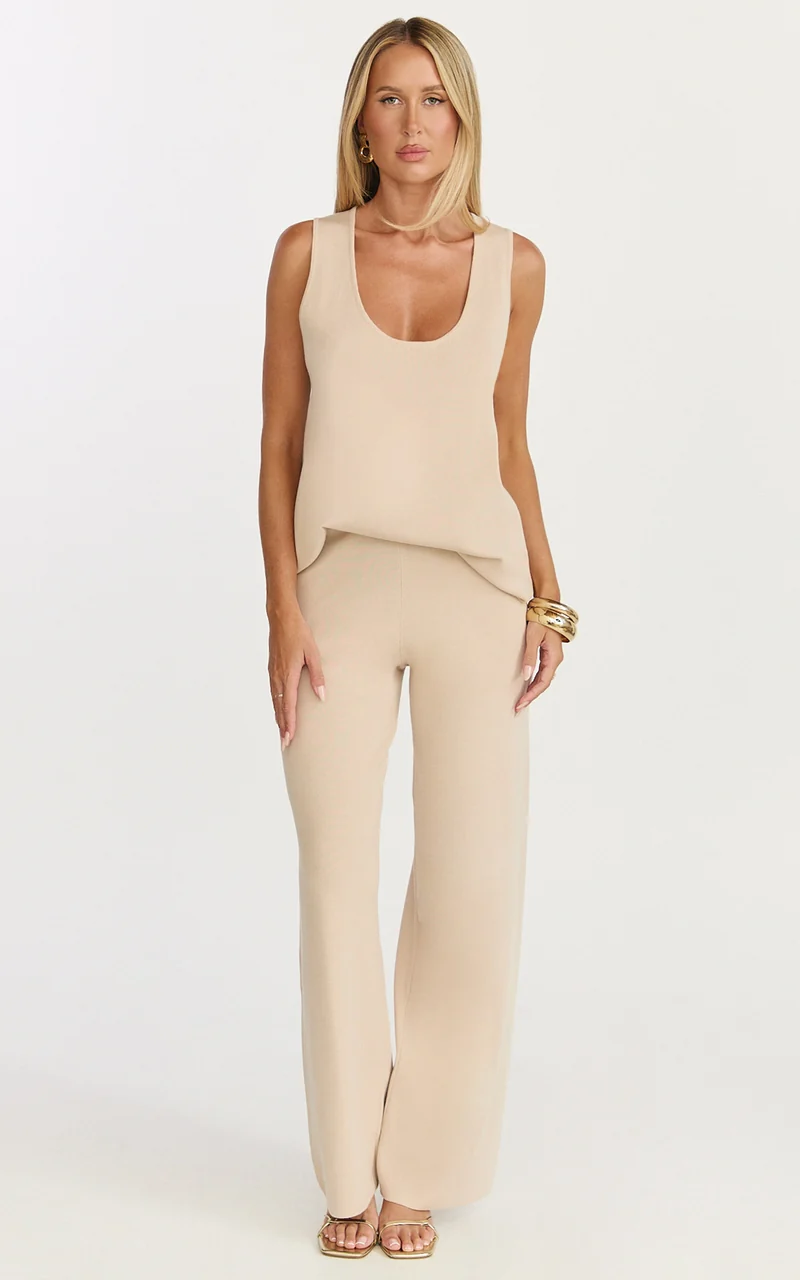 Leonie Two Piece Set - Knit Shell Top and Pant Set in Cream