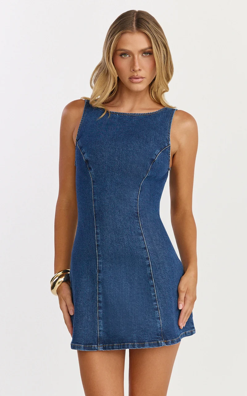 Oriana Mini Dress - Boat Neck Bow Back Dress in Dark Mid Blue Wash