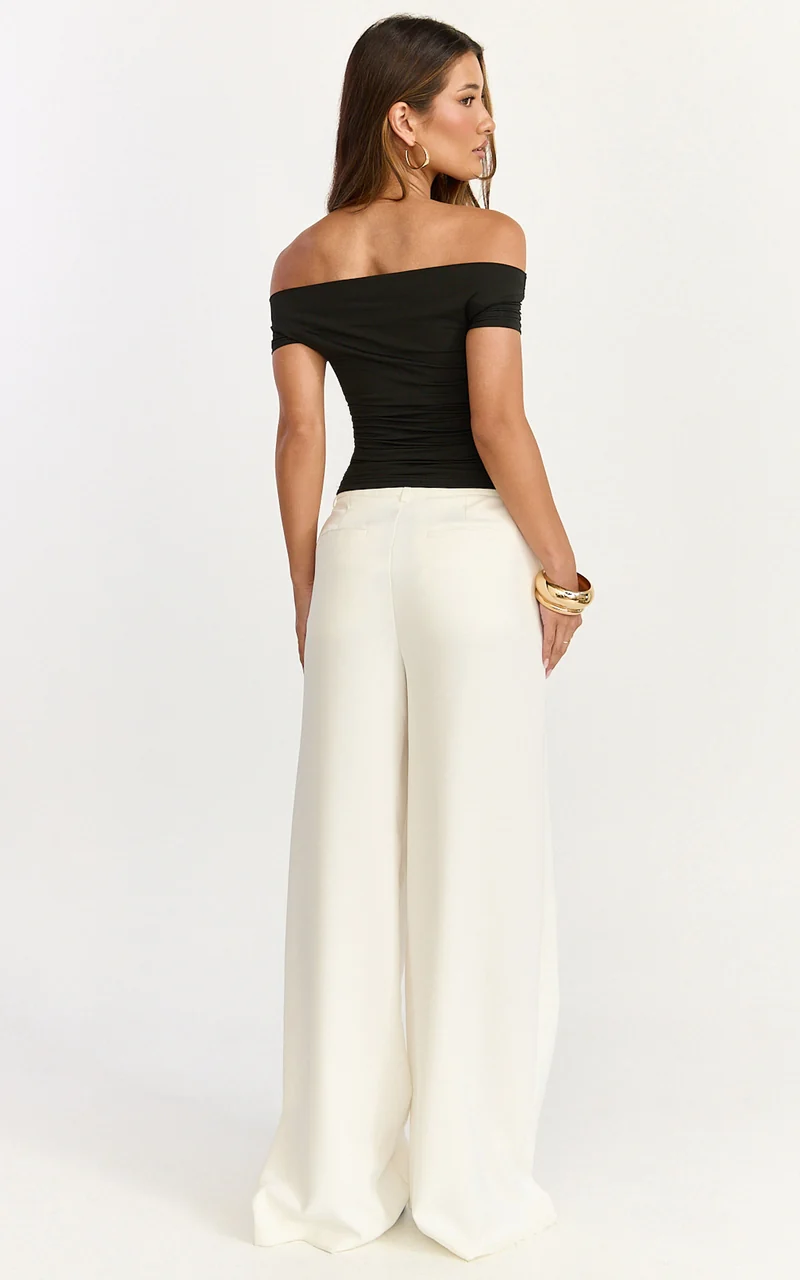 Gena Top - Off Shoulder Gathered Short Sleeve Top in Black