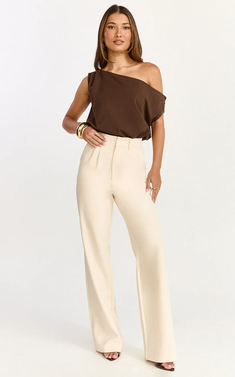 Gwen Bodysuit - Asymmetrical Neckline One Shoulder Bodysuit in Chocolate