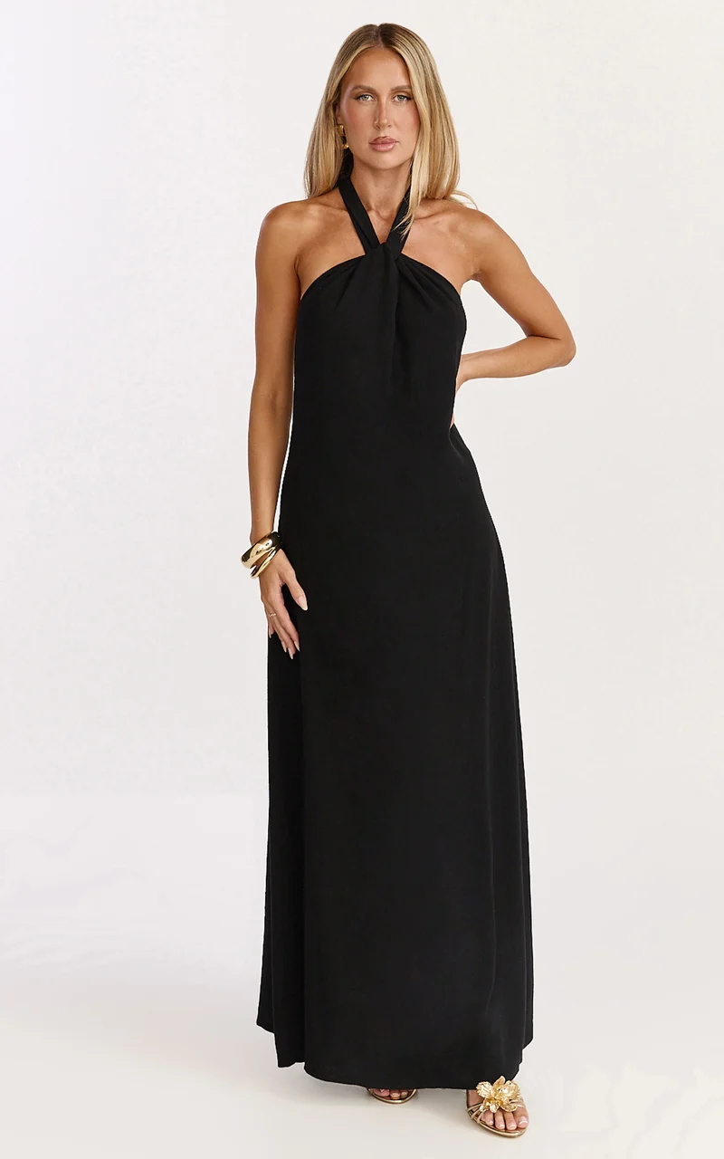 Hilda Maxi Dress - Knot Detail Halter Neck Maxi Dress in Black