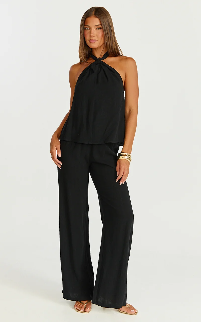 Ingrid Two Piece Set - Knot Detail Halter Neck Top and Wide Leg Pants Set in Black