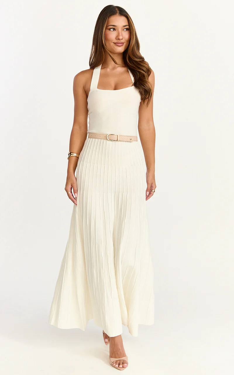 Candace Midi Dress - Halter Neck Ribbed Knit Dress in Cream