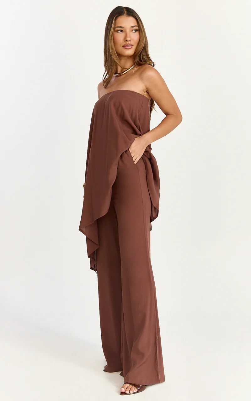 Bella Two Piece Top and Pants Set - Long Line Assym Top And Wide Leg Pants Set in Chocolate