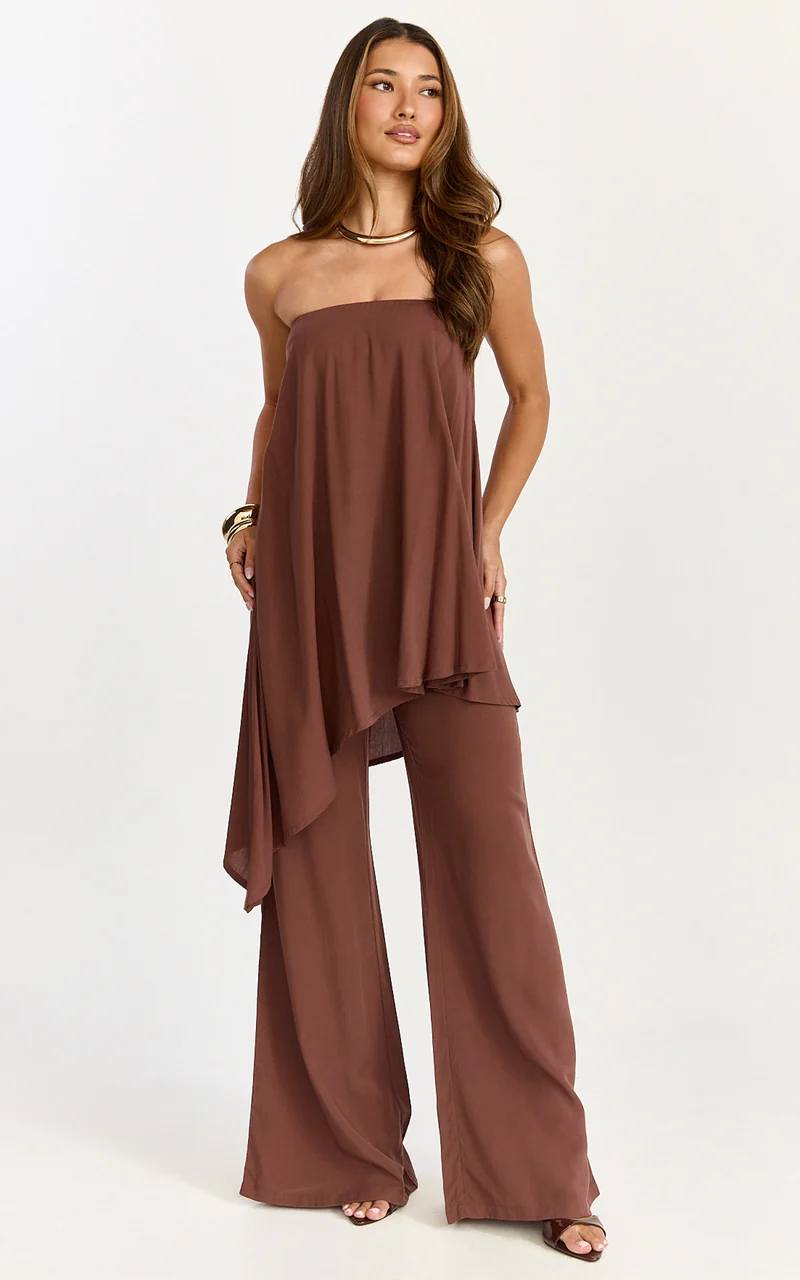 Bella Two Piece Top and Pants Set - Long Line Assym Top And Wide Leg Pants Set in Chocolate