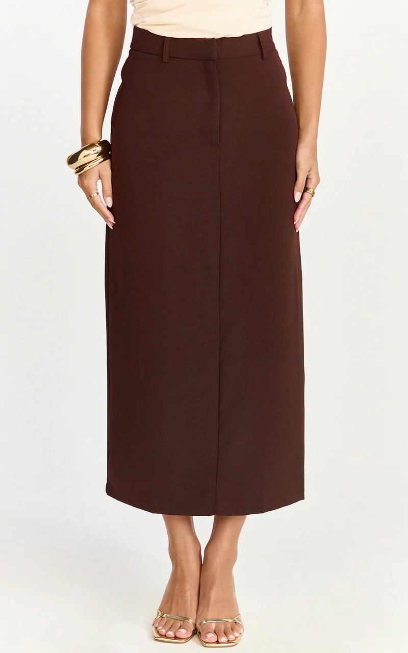 Alanna Midi Skirt - High Waisted Back Split Pencil Skirt in Chocolate