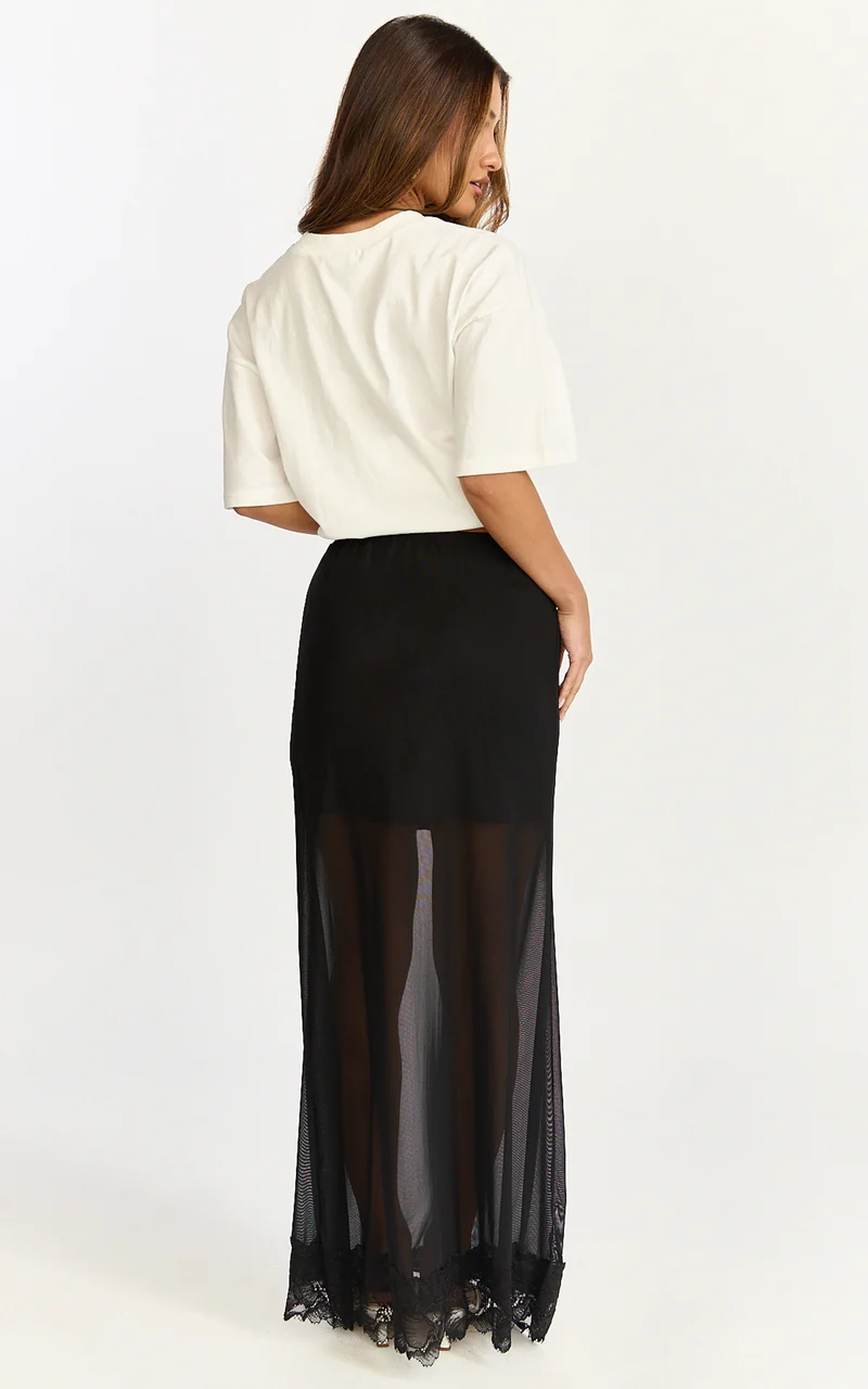 Arabella Maxi Skirt - Sheer with Lace Trim Skirt in Black