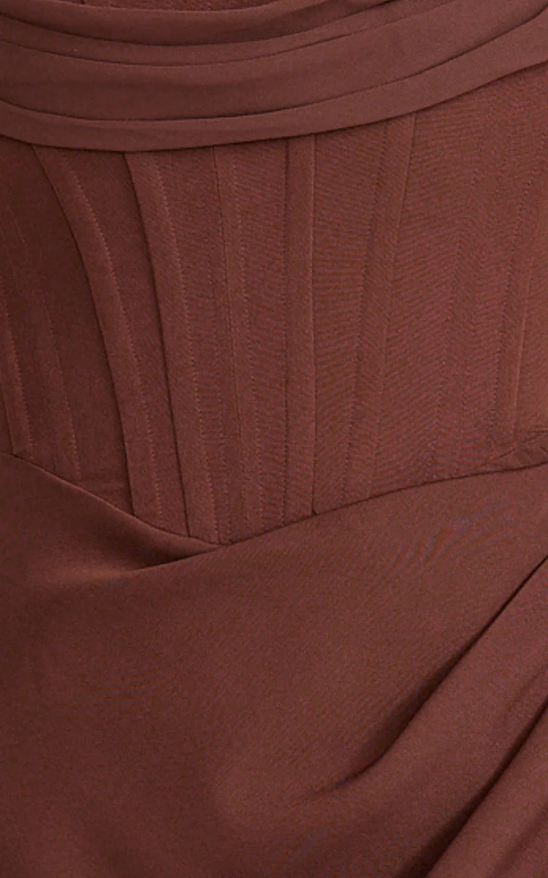 Tara Maxi Dress - Strapless Corset Drape Skirt Dress in Chocolate