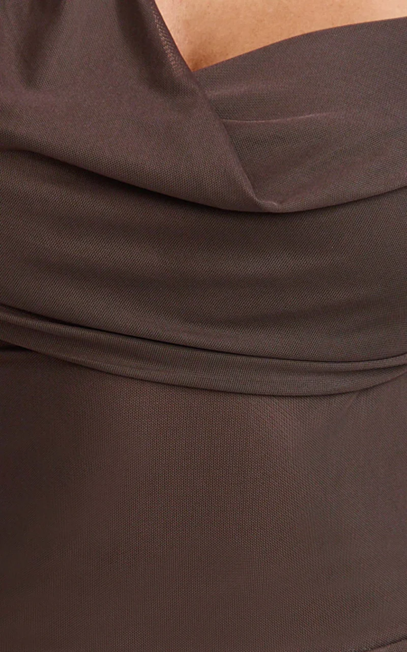 Karla Mini Dress - Asymmetric Tie Neck Fit And Flare Dress in Chocolate