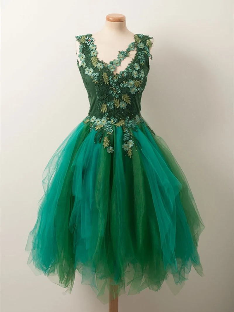Robe de bal courte en dentelle verte à fleurs et perles : robe de soirée formelle et moelleuse