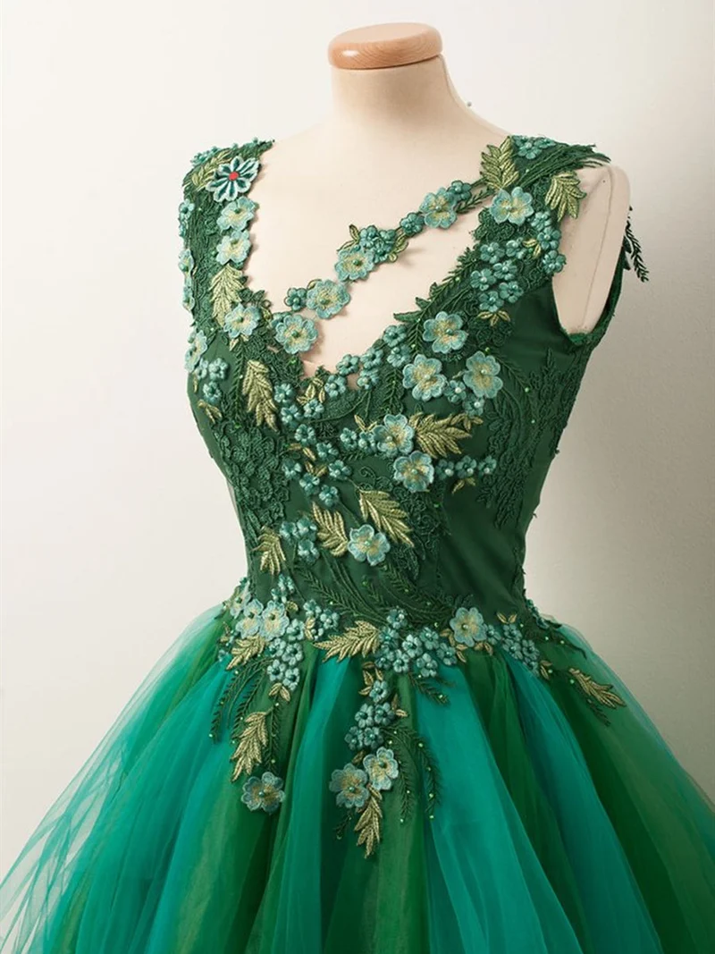 Robe de bal courte en dentelle verte à fleurs et perles : robe de soirée formelle et moelleuse