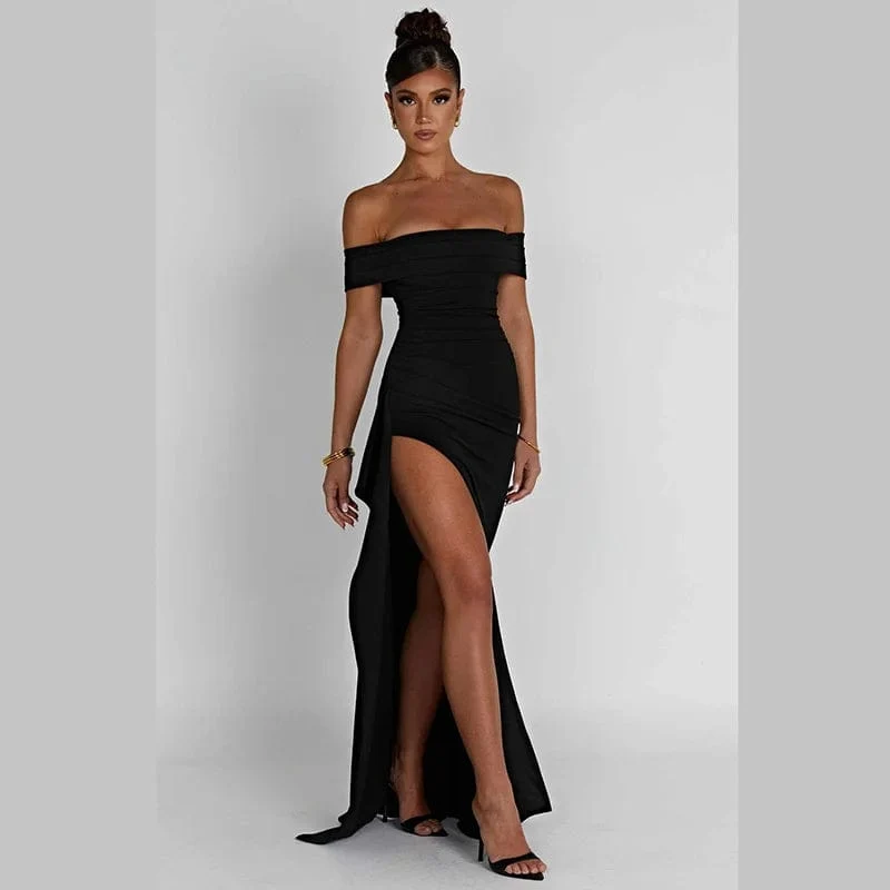 Robe longue fendue avec épaules dénudées