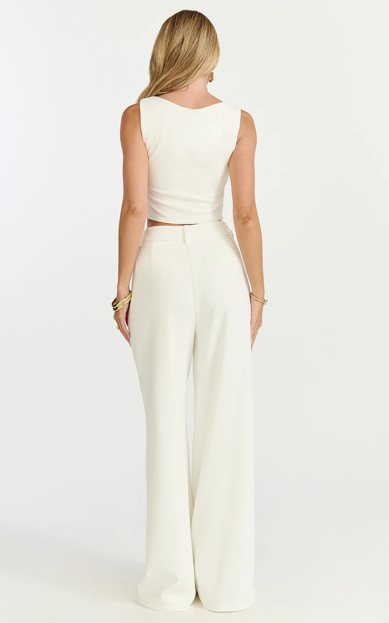 Helen Two Piece Set - Crepe Twisted Top And Wide Leg Pants in Cream