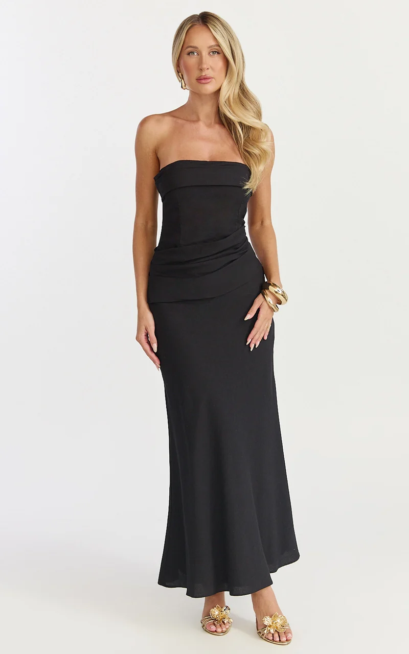 Lottie Midi Dress - Strapless Dress in Black