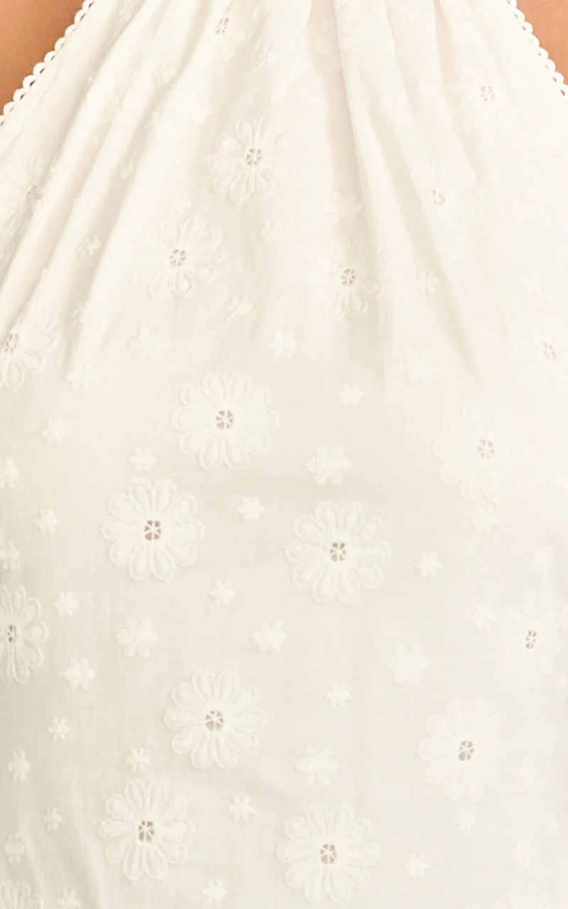 Lyra Mini Dress - Broderie Halter Neck Tie Drop V Waist Dress in White