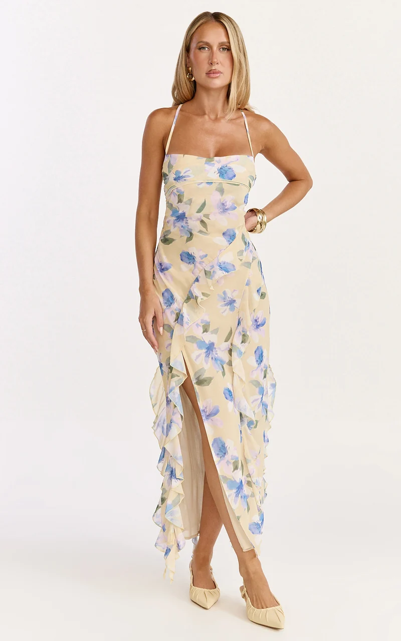 Juliette Maxi Dress - Ruffle Split Leg Dress in Femme Floral