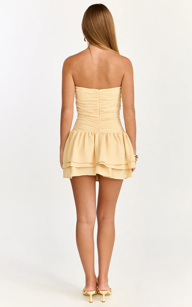Millie Mini Dress - Strapless Gathered Frill Layered Fit And Flare Dress in Lemon
