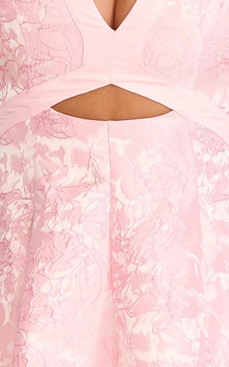 Rosalie Mini Dress - Floral Jacquard V Neck Fit and Flare Dress in Pink