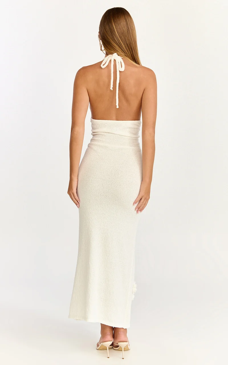Elodie Maxi Dress - Halter 3D Floral Knit Dress in Cream