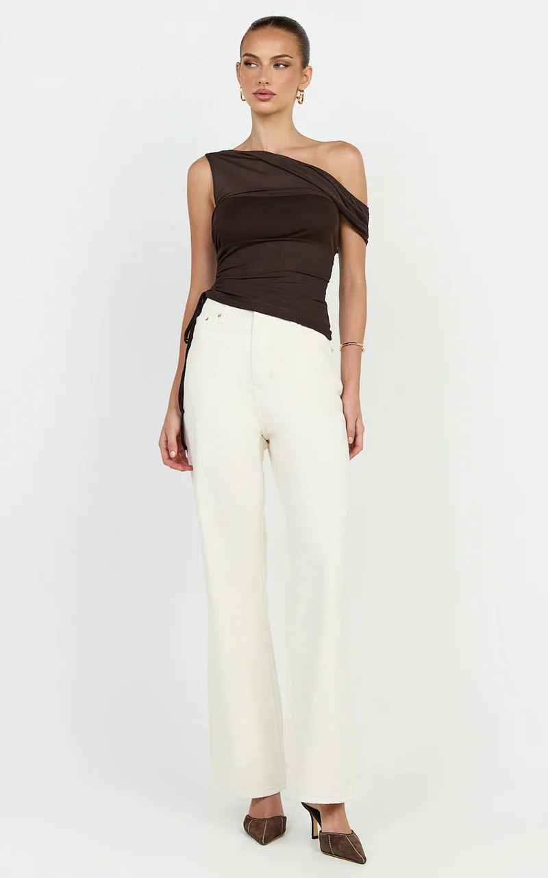 Astrid Top - Asymmetrical Off Shoulder Sleeveless Top in Chocolate