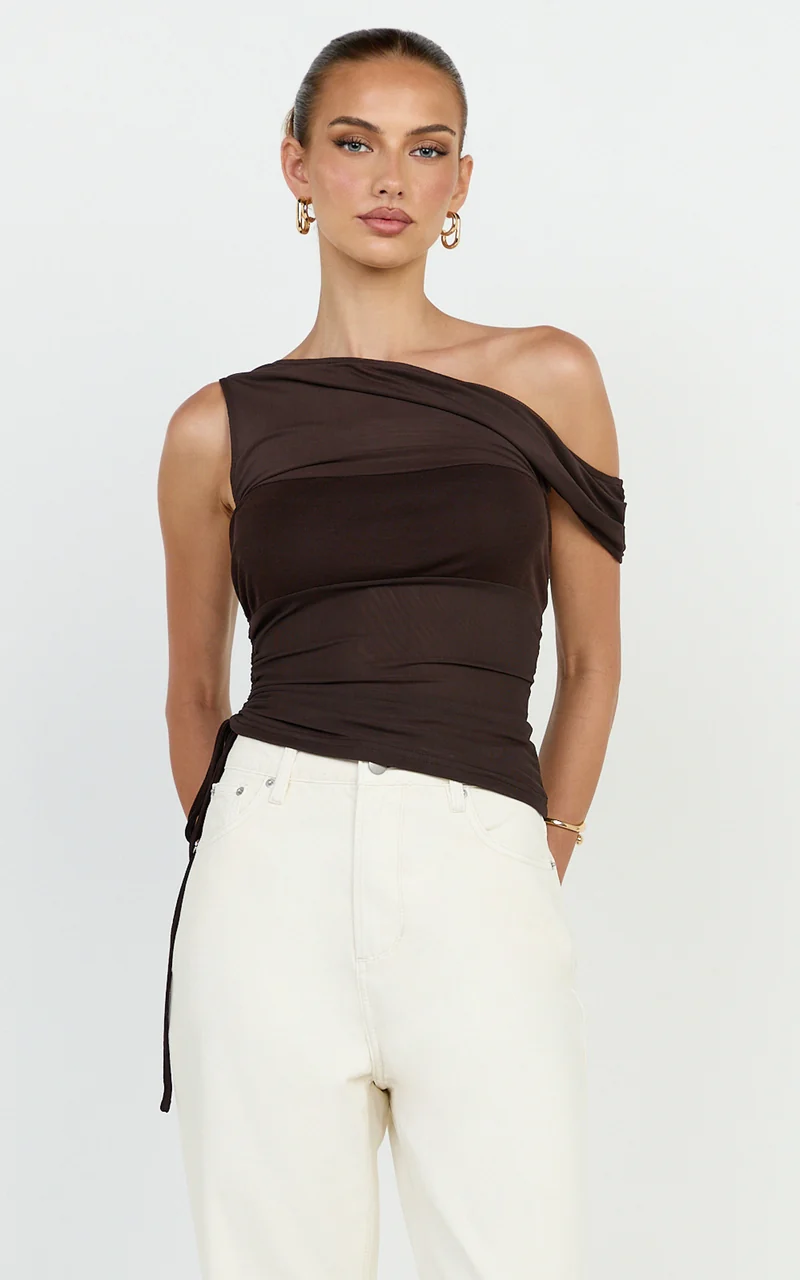 Astrid Top - Asymmetrical Off Shoulder Sleeveless Top in Chocolate