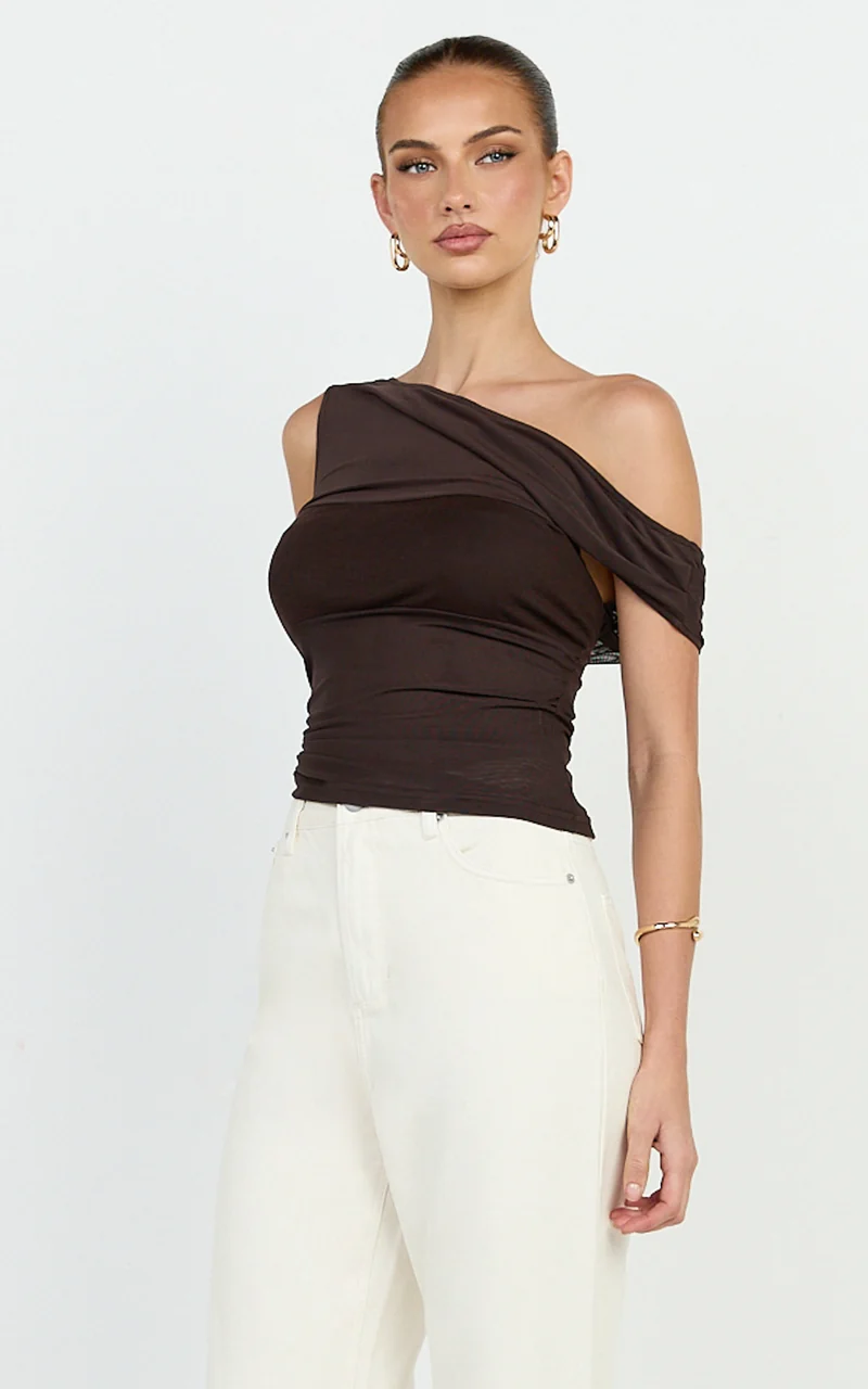 Astrid Top - Asymmetrical Off Shoulder Sleeveless Top in Chocolate