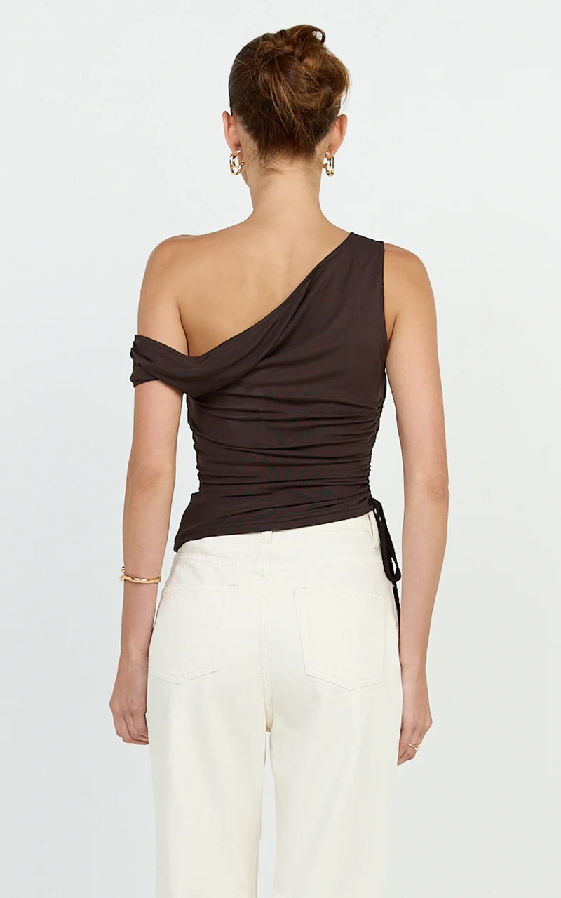 Astrid Top - Asymmetrical Off Shoulder Sleeveless Top in Chocolate