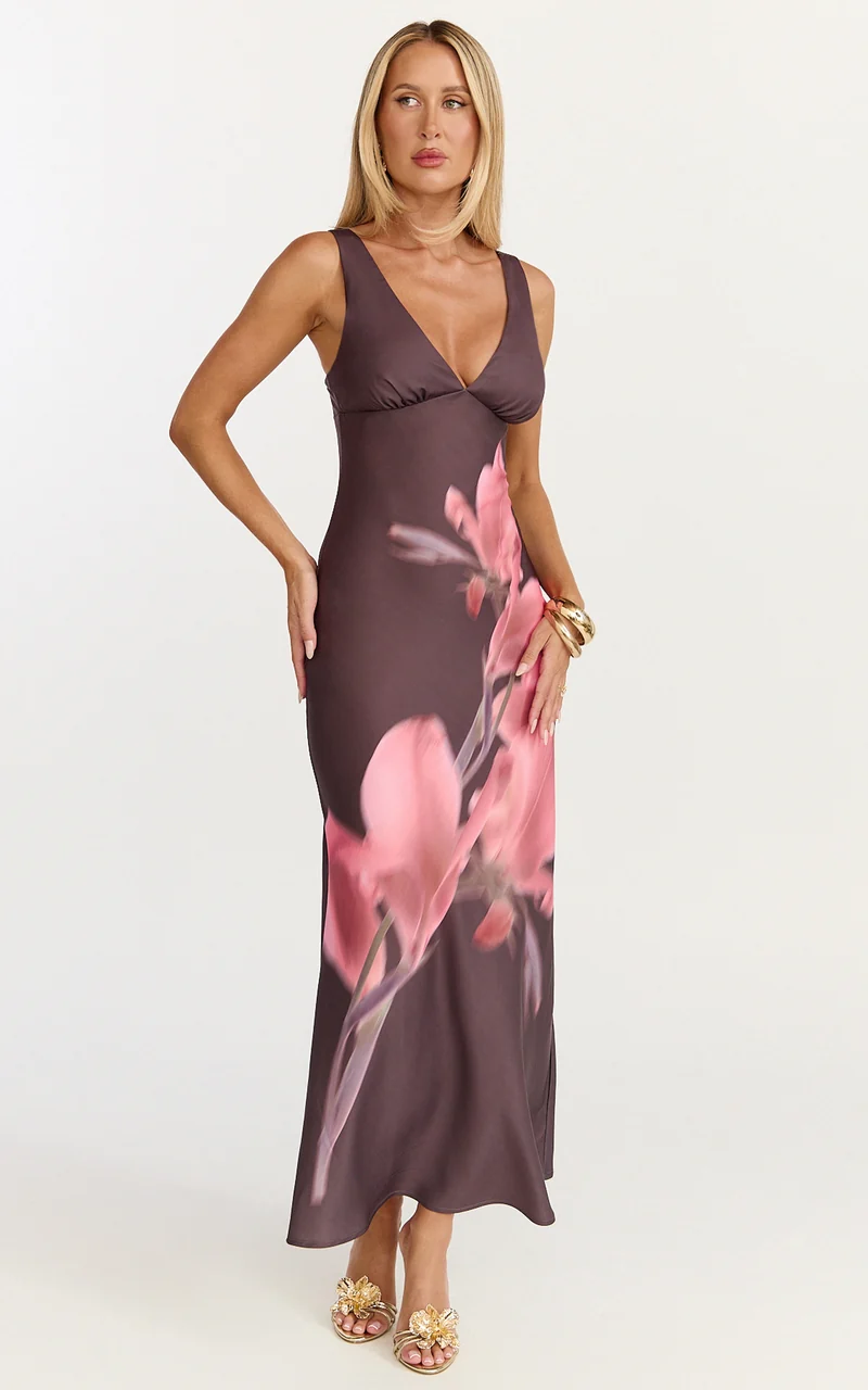 Elowen Midi Dress - Deep V Neck Satin Dress in Floral Print