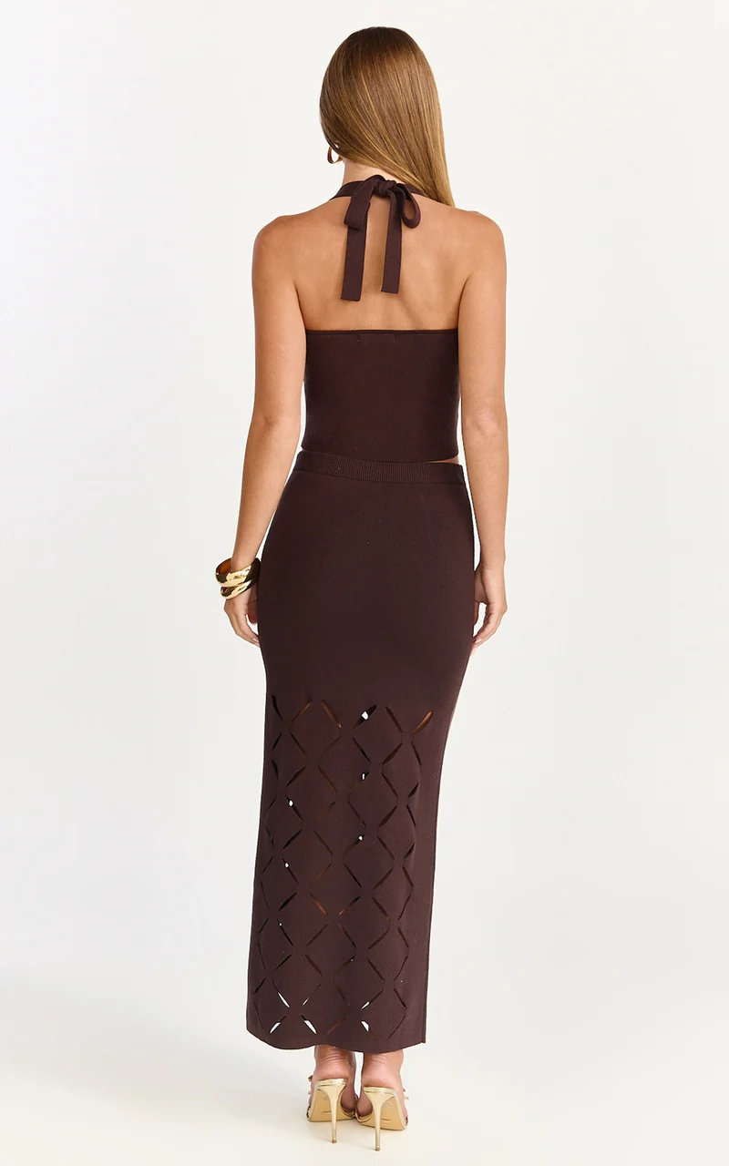 Sabrina Maxi Skirt - Laser Cut Knit Skirt in Chocolate
