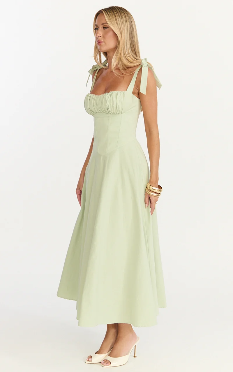 Vionette Midi Dress - Tie Shoulder Ruched Bust Corset Dress in Sage