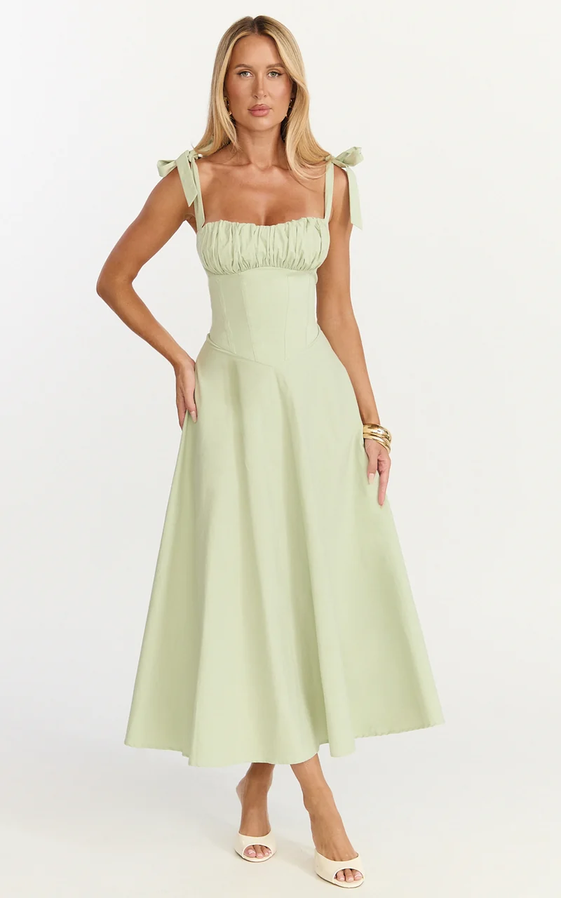 Vionette Midi Dress - Tie Shoulder Ruched Bust Corset Dress in Sage