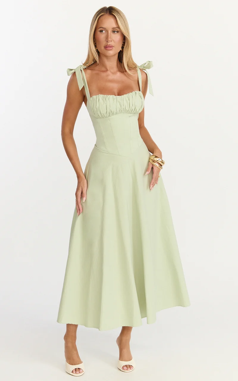 Vionette Midi Dress - Tie Shoulder Ruched Bust Corset Dress in Sage
