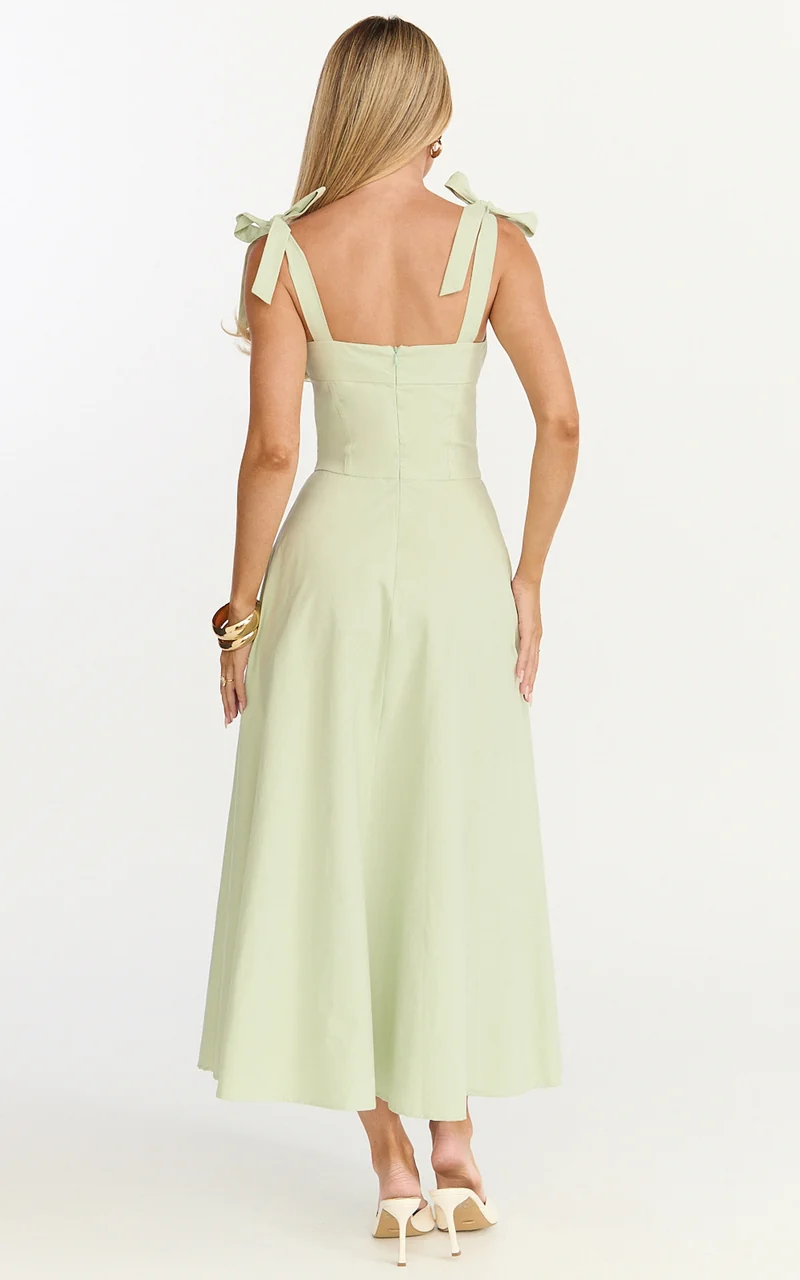 Vionette Midi Dress - Tie Shoulder Ruched Bust Corset Dress in Sage
