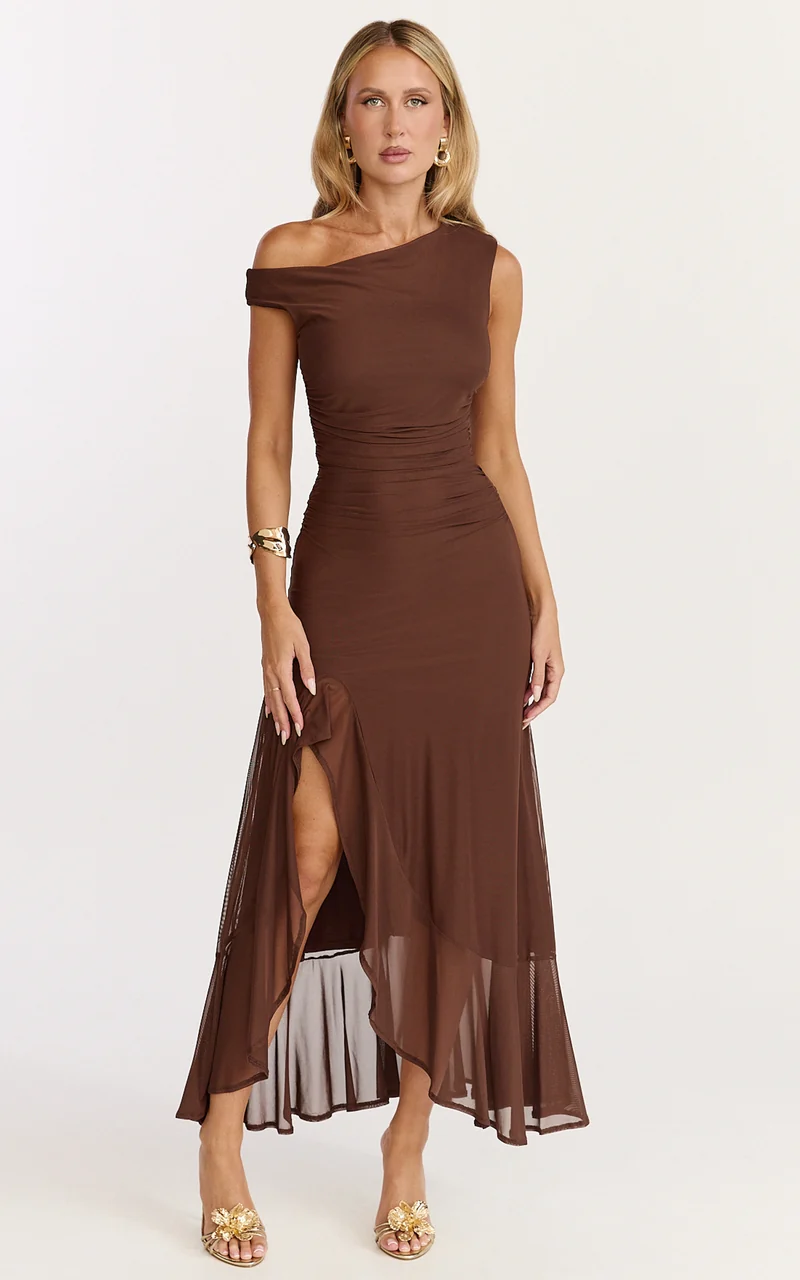 Judee Midi Dress - One Shoulder High Side Split Dress in Chocolate