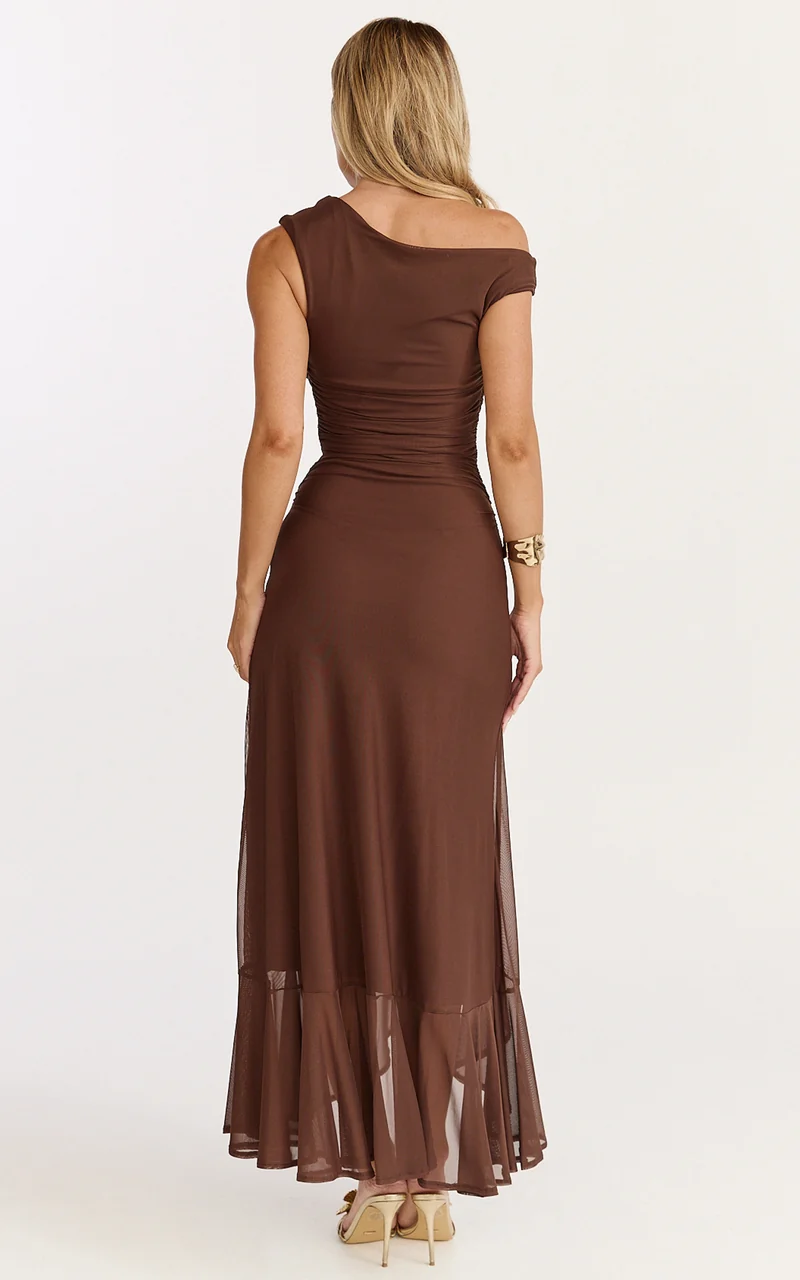 Judee Midi Dress - One Shoulder High Side Split Dress in Chocolate