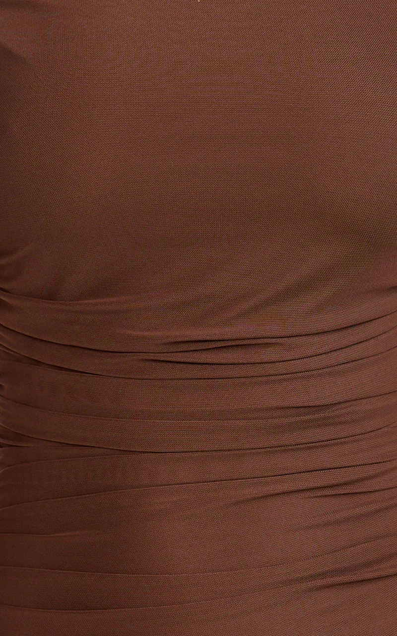 Judee Midi Dress - One Shoulder High Side Split Dress in Chocolate