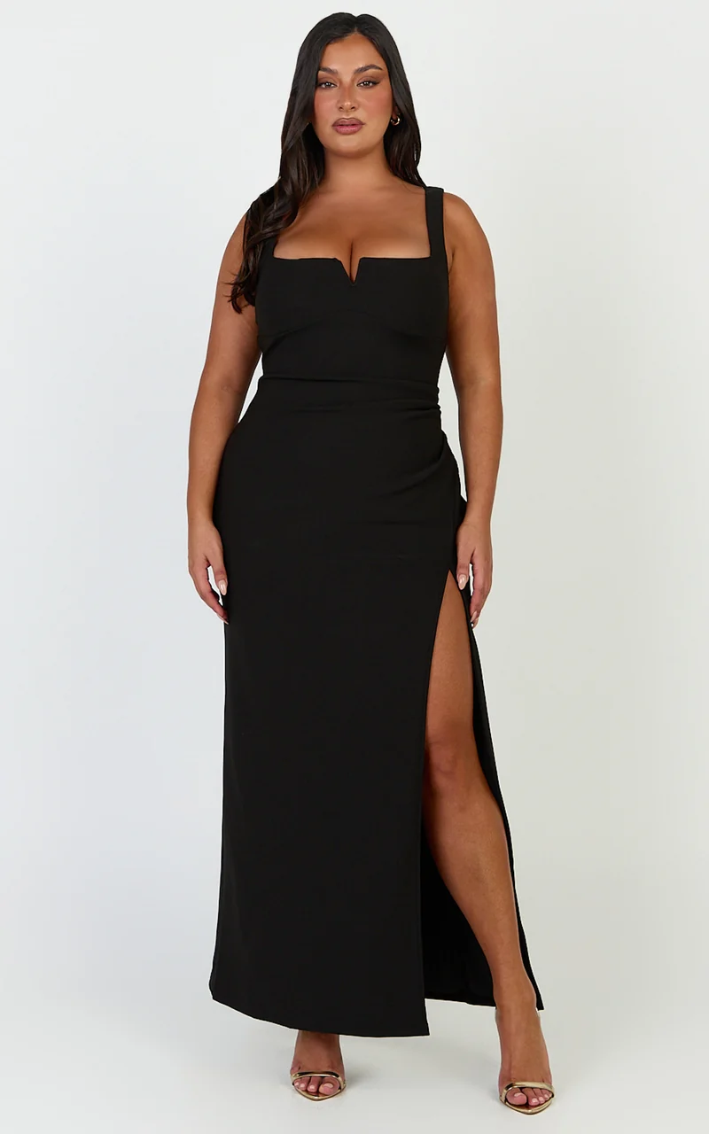 Thelma Maxi Dress - Square Neck Bodycon Dress in Black